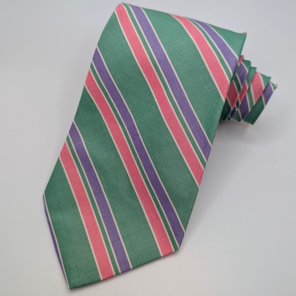 Brooks Brothers Makers Cotton/Silk Tie Green Pink Purple Striped Pastel 3.5"x57"